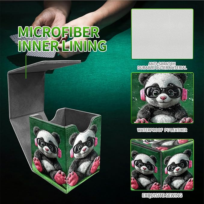Pink Headphones Panda Card Deck Box for MTG, Personalized Card Storage Case Fits 120+ Sleeved Cards, Premium Leather TCG Box with Strong Magnetic Closure for Magic, PTCG, Baseball Cards