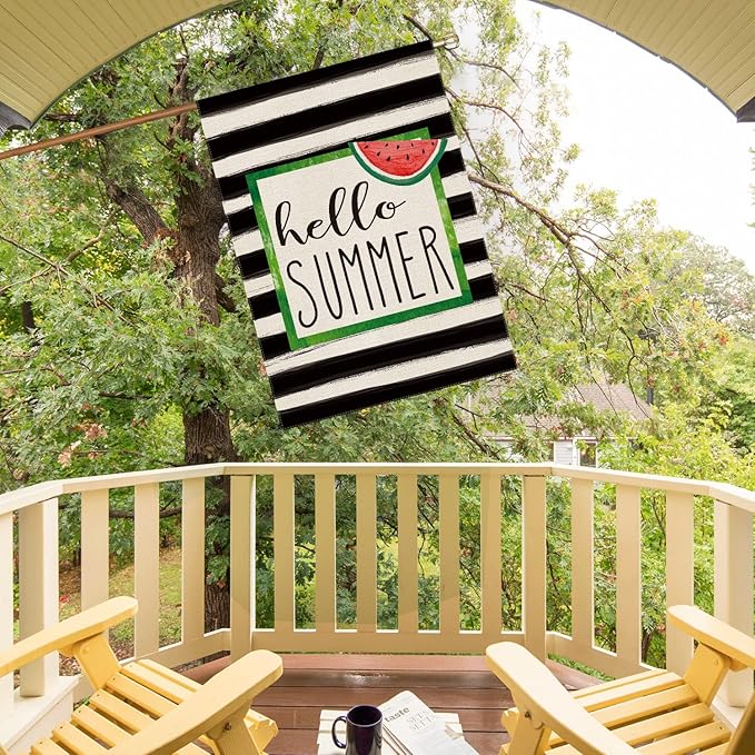 AVOIN colorlife Watercolor Stripes Hello Summer Watermelon House Flag Double Sided Outside, Holiday Party Yard Outdoor Decoration 28 x 40 Inch