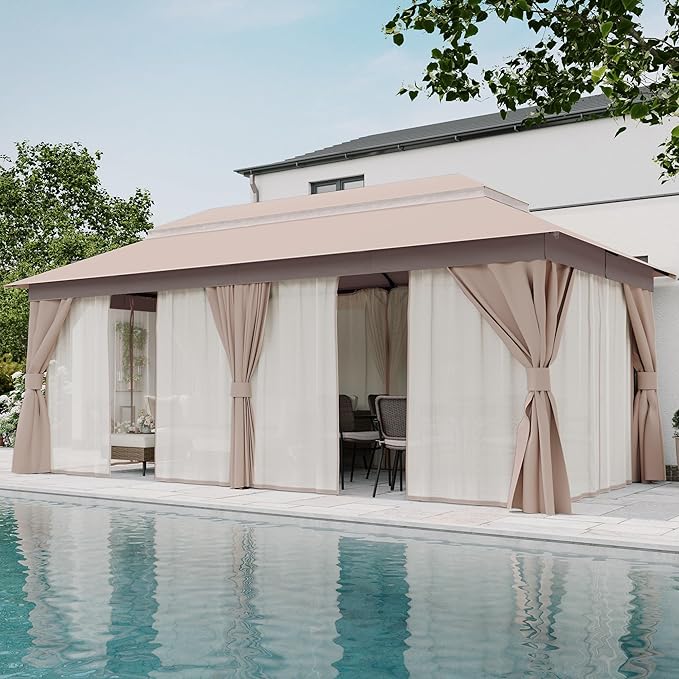 LAUSAINT HOME Patio Gazebo 10'x20', Outdoor Heavy Duty Party Tent Shelter with Double Roofs, Mosquito Nettings and Privacy Screens for Backyard, Garden, Lawn, Khaki