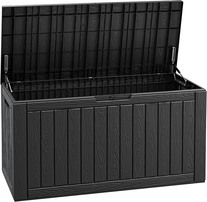 Fancyango 110 Gallon Outdoor Deck Box Waterproof, Large Storage Box for Patio, Resin Storage Bench Lockable for Garden Tools, Package Delivery, Black