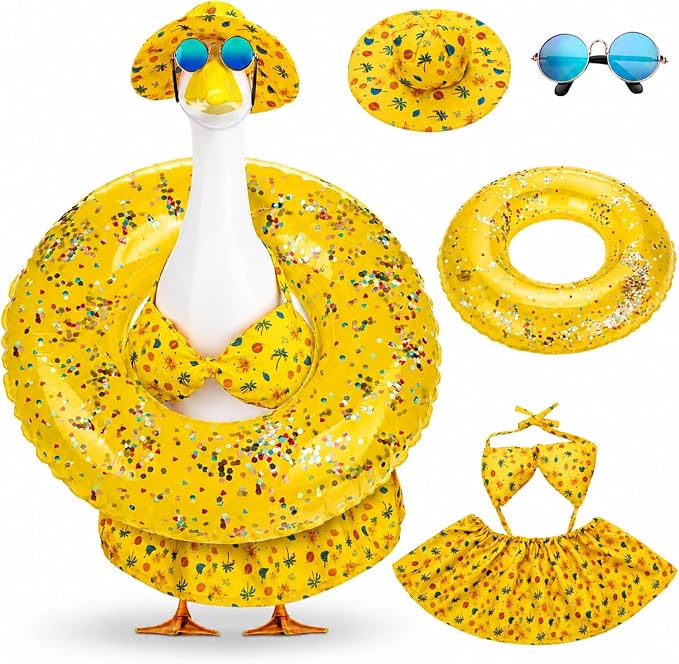 Abbylike Summer Porch Goose Outfits Yellow Bikini Hawaiian Goose Costume Clothes with Swimsuit, Swim Ring, Sun Hat, Sunglasses Fits Large 23'' Cement for Garden Yard Statue Lawn Art Decoration