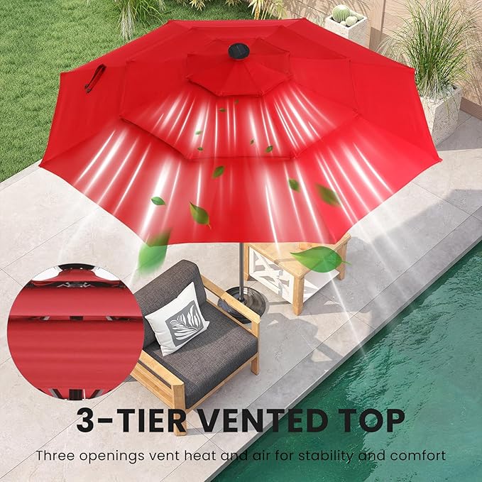 DUMOS LED Outdoor Patio Umbrella 10 FT UV-Resistant Market Umbrella with Tilt Adjustment & Crank Lift, All-Weather Shade for Backyard, Deck, Garden, Beach
