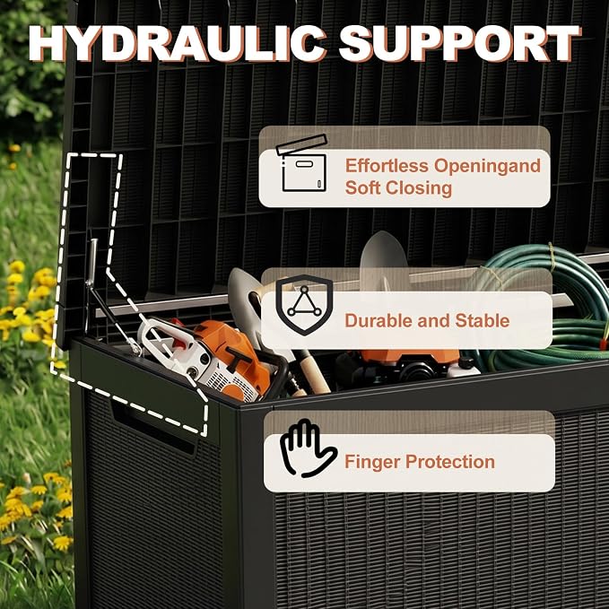 EFU Outdoor Storage Box 320 Gallon Deck Box (Indoor & Outdoor) Lockable UV Resistance Waterproof Resin Storage Bin Storage Box for Outdoor,Patio Storage With Support Rod(Black)