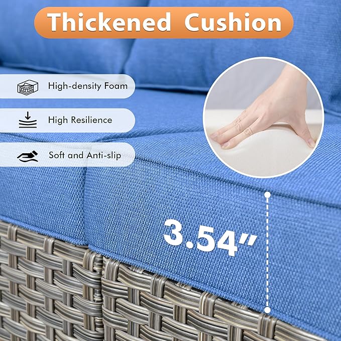 10 PCS Outdoor Patio Furniture Sets, Patio Conversation Sets Outside Rattan Soft Cushion Sofa with 4 Wicker Rocking Chairs & 54 in Fire Pit Table Fit Backyard Garden Poolside Balcony,Diamond Blue