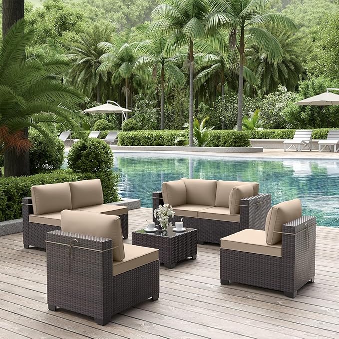 ALAULM 7 Pieces Patio Furniture Set Wicker Patio Conversation Set, Outdoor Sectional Furniture w/Coffee Table & Washable Seat Cushions-Sand