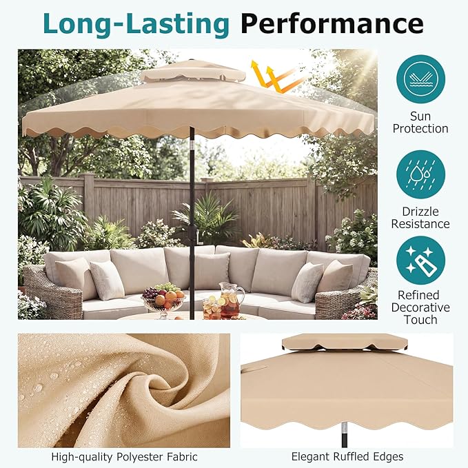 Happygrill 9 FT Patio Umbrella, Scalloped Outdoor Table Market Umbrella with Push Button Tilt & Crank, 2-Tier Vented Top, Heavy-Duty 8 Metal Ribs, Sun-Protective Canopy, Ruffle for Deck Pool Garden (Beige)