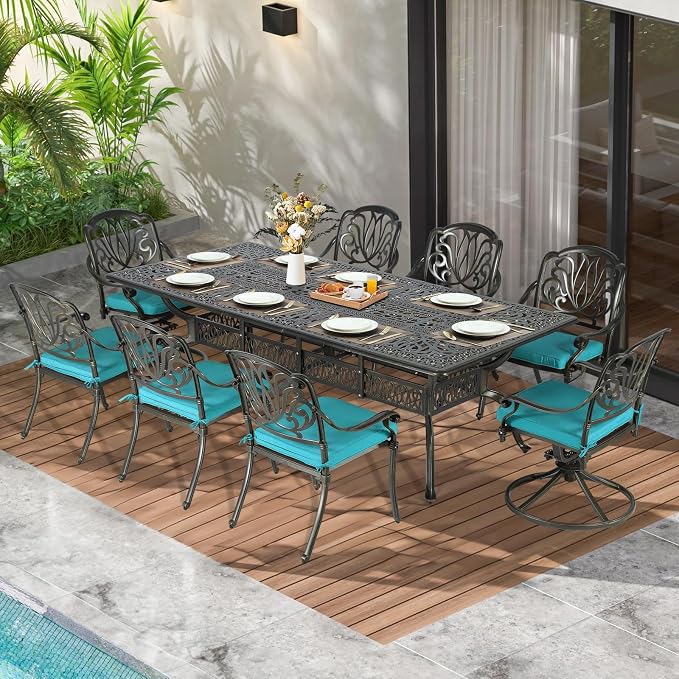 MEETWARM 9-Piece Outdoor Patio Dining Set, All Weather Cast Aluminum Patio Funiture Table and Chairs Set- 94.5” Rectangular Table and 2 Swivel Rocker Chairs, 6 Stationary, Umbrella Hole, Ocean Blue