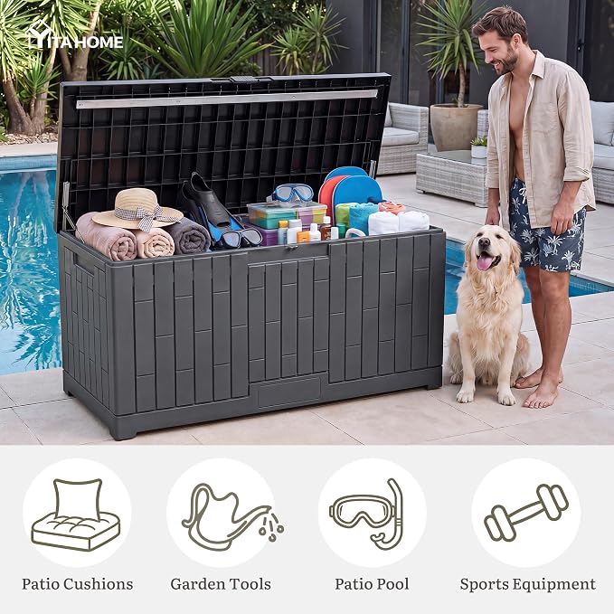 YITAHOME 120 Gallon Outdoor Storage Deck Box, Large Resin Patio Storage Box with Slide-Locking Lid, 53" L 2-Person Bench Seat for Outdoor Pillows, Garden Tools & Pool-Supplies, Waterproof (Dark Gray)