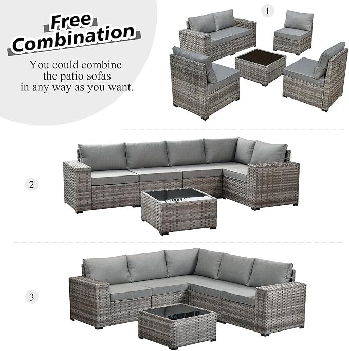 HOOOWOOO 9 Piece Modular Patio Outdoor Sectional Furniture Set with Swivel Rocking Chairs,Wicker Conversation Sofa Set,Outside Couch Set with Wide Arm(Dark Grey)