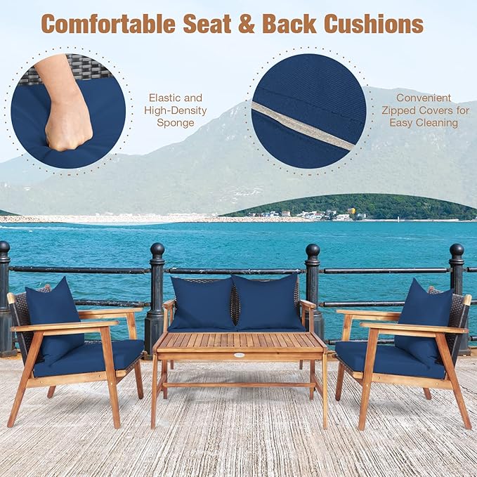 HAPPYGRILL 4 Pieces Outdoor Rattan Sofa Set Acacia Wood Frame Conversation Set with Coffee Table, Sectional Furniture Set with Cushions for Backyard Porch Garden Poolside Balcony