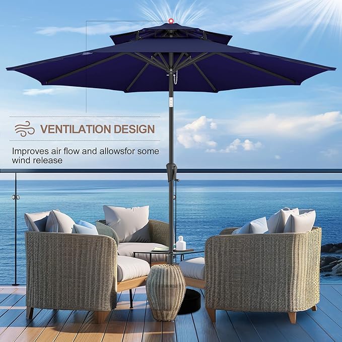 FLAME&SHADE 9ft Patio Umbrella - 2 Tiers Outdoor Umbrella with Push Button Tilt and Crank for UV Protection, Table Market Umbrella for Garden, Deck, Backyard, Pool and Beach(Navy Blue)