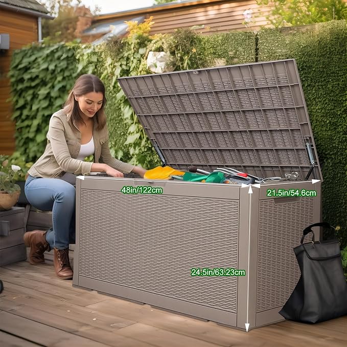 PatioZen 120 Gallon Outdoor Deck Box,Waterproof Resin Outdoor Storage Boxes, Outside Storage Lockable Container for Garden Tools,Indooor Cushions,Accessories (Grey)