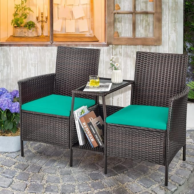 RELAX4LIFE Patio Outdoor Loveseat Set - PE Wicker Conversation Set w/Removable Cushion, Build-in Tempered Glass Coffee Table, Rattan 2-Seater Chair for Porch, Balcony, Patio Furniture Set (Turquoise)