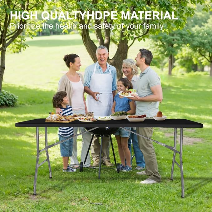 6PK Black Folding Table, 6FT Portable Plastic Folding Table, Foldable Dining Tables with Carrying Handle for Party, Picnic, Camping, Easy to Fold and Storage, for Indoor or Outdoor Use