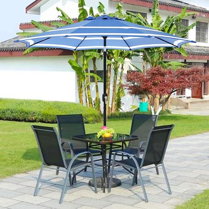 ABBLE Outdoor Patio Umbrella 9Ft Stripe Royal with Crank and Tilt - Market, Picnic, Pool, Garden, Deck, Backyard and Beach - Blue & White