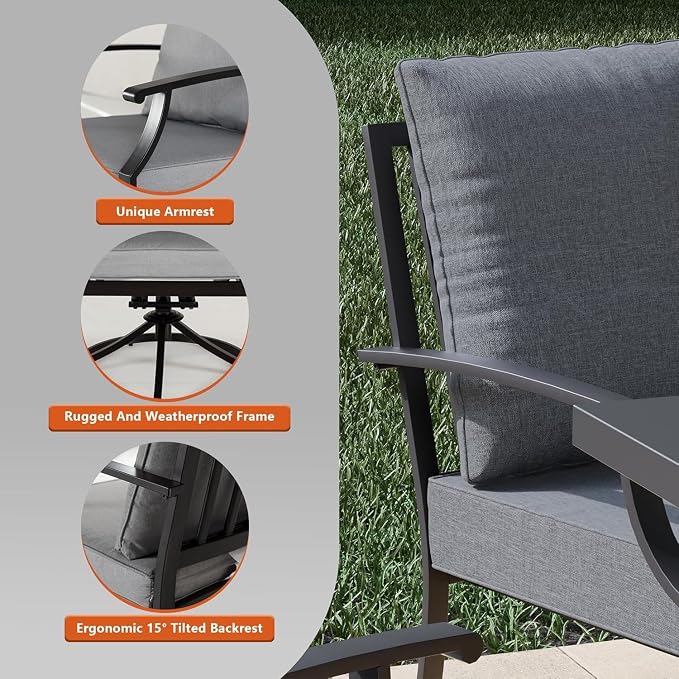 Kullavik 7 Piece Metal Outdoor Patio Furniture Set with Fire Pit Table,Outdoor Dining Table Set with 4 Fixed Chairs,2 Swivel Chairs and 55000 BTU Outdoor Round Fire Pit,Grey