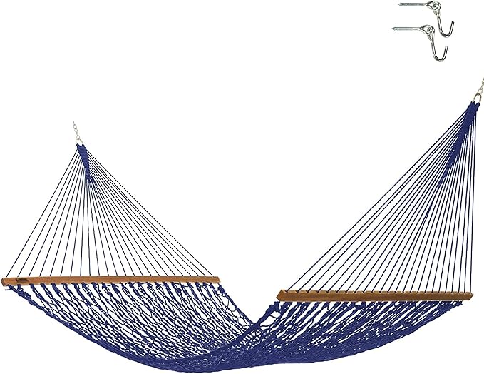 Hatteras Hammocks Executive Navy DuraCord Rope Hammock – 13 ft. x 65 in., 2-Person, 450 lb Capacity, Cumaru Spreader Bar, Zinc-Plated Hardware – Handcrafted in The USA