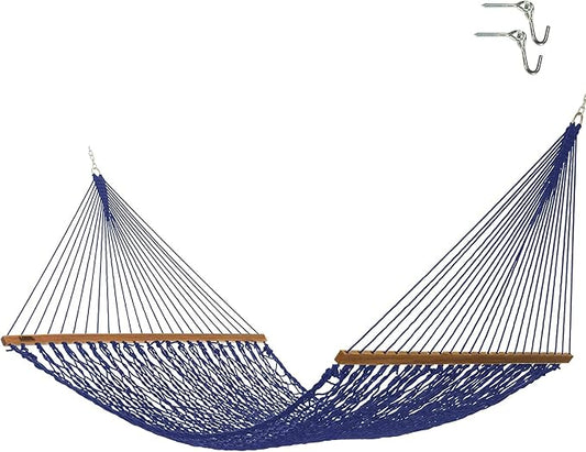 Hatteras Hammocks Executive Navy DuraCord Rope Hammock – 13 ft. x 65 in., 2-Person, 450 lb Capacity, Cumaru Spreader Bar, Zinc-Plated Hardware – Handcrafted in The USA