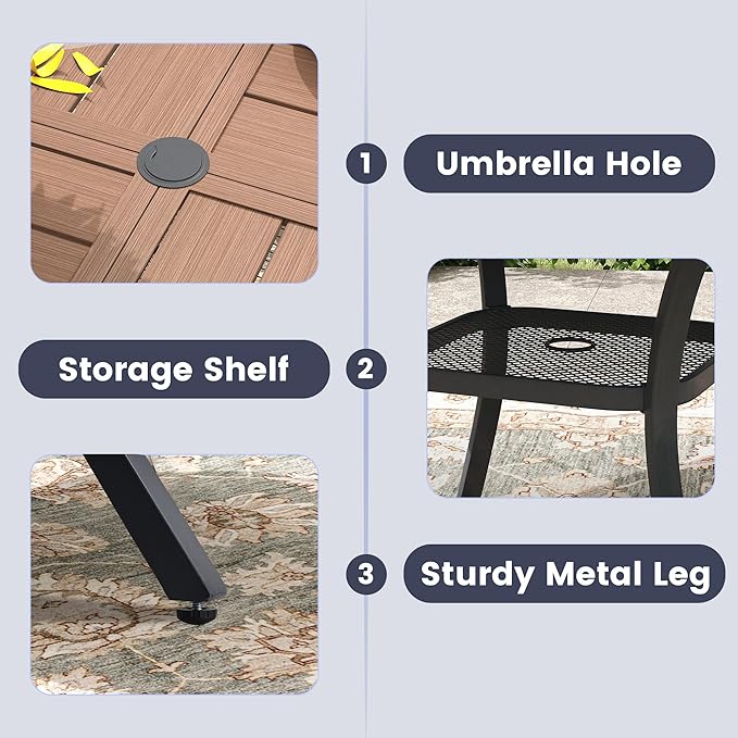 VICLLAX Outdoor Table and Chairs Set for 4, Patio Dining Set of 40.6" Metal Round Patio Table with Umbrella Hole & 4 Swivel Outdoor Dining Chairs for Backyard Lawn, Charcoal & Walnut