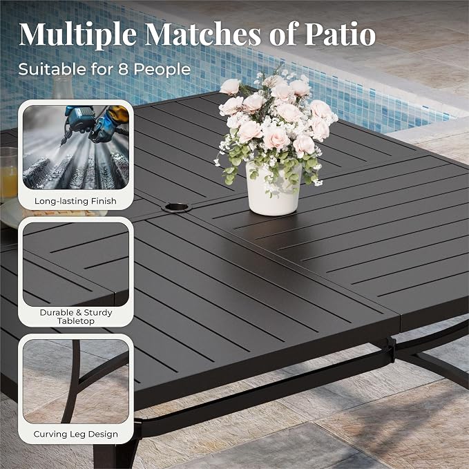 MIXPATIO 9 Pieces Patio Table and Chairs Set, Patio Dining Set for 8, 8 Red Textilene Chairs and 1 Large Square Patio Dining Table with Umbrella Hole, for Deck Backyard Lawn Poolside