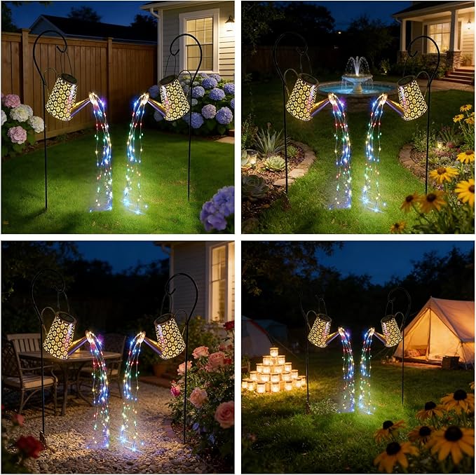 2 Pcs Solar Watering Can Lights, Hanging Solar Waterfall Lights Waterproof Outdoor Garden Decor Yard Art for Porch Landscape Patio, Gardening Gifts for Mom Grandma Women