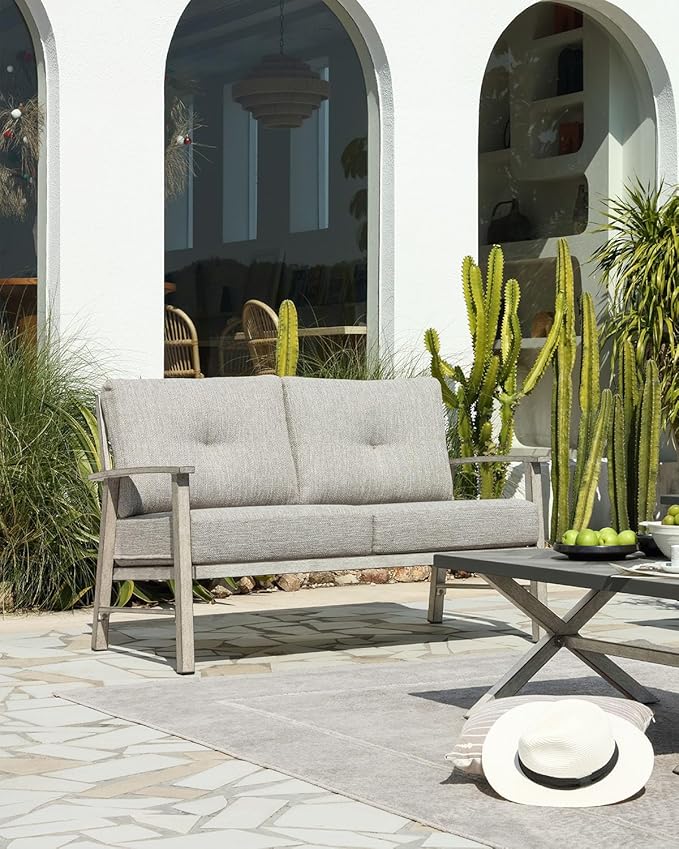 Aluminum Outdoor Patio Furniture Set, 4 Piece Patio Conversation Sets with Washable Thick Cushions, Weather-Resistant Outdoor Sectional Sofa Couch Sets for Poolside, Backyard, White Oak