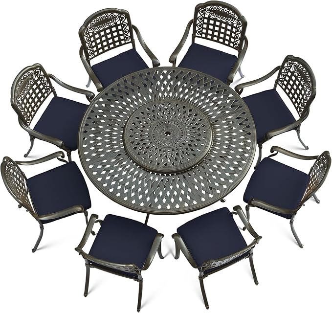 VIVIJASON 9-Piece Outdoor Furniture Dining Set, Rust-Free Cast Aluminum Patio Conversation Set, Include 8 Cushioned Chairs & 61" Round Dining Table with 31" Lazy Susan, Umbrella Hole, Navy Blue