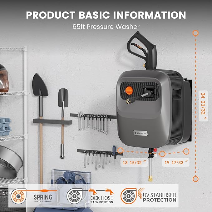 Giraffe Tools Grandfalls Retractable Pressure Washer G20, 2500 PSI 2.2 GPM, 180° Wall Mounted Power Washer, Auto-Retract with 65ft Pressure Hoses, 5 Nozzles for Floor/Cars/Fences/Patios, Dark Silver