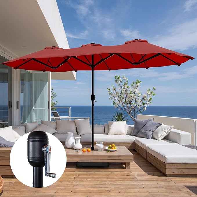 Shintenchi 16FT Large Patio Umbrella with Base Included, Outdoor Double-Sided Rectangular Shade with Crank Handle for Poolside Lawn, Deck & Garden, Red