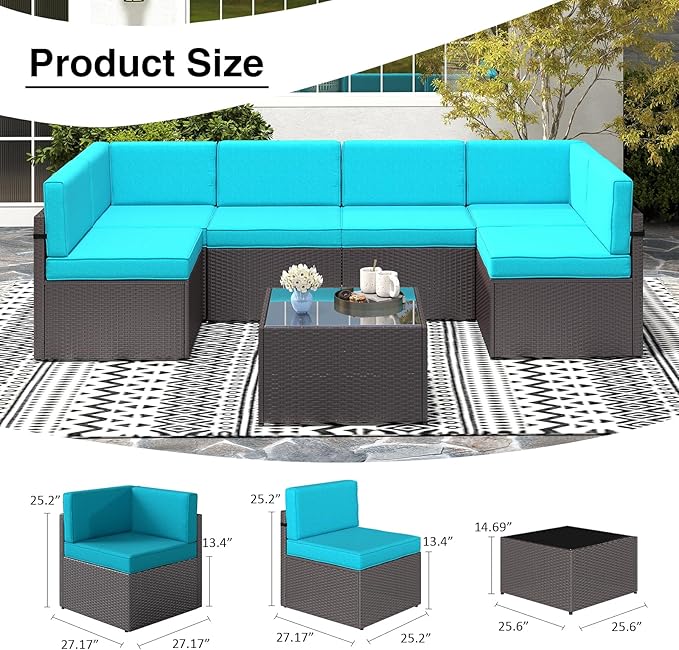7 PCs Patio Furniture Sets, PE Rattan Wicker Outdoor Sofa, (Sectional Conversation Set with Tea Table and Cushion)