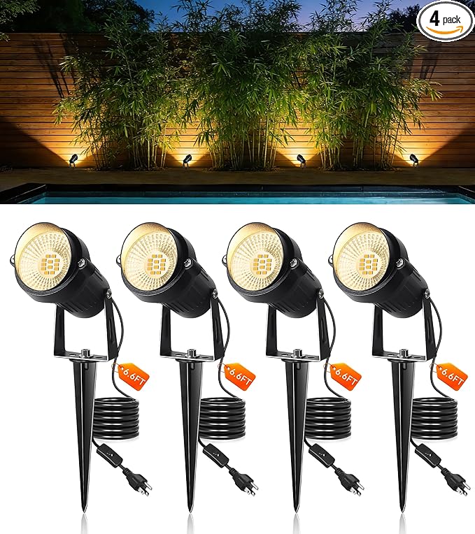 12W Landscape Lighting, IP66 Waterproof Spotlight with 6.6Ft Cable + Plug+ Switch, 3000K LED Landscape Lights for Yard Garden Tree House Halloween Christmas, 1400LM Landscape Warm White Light, 4 Pack