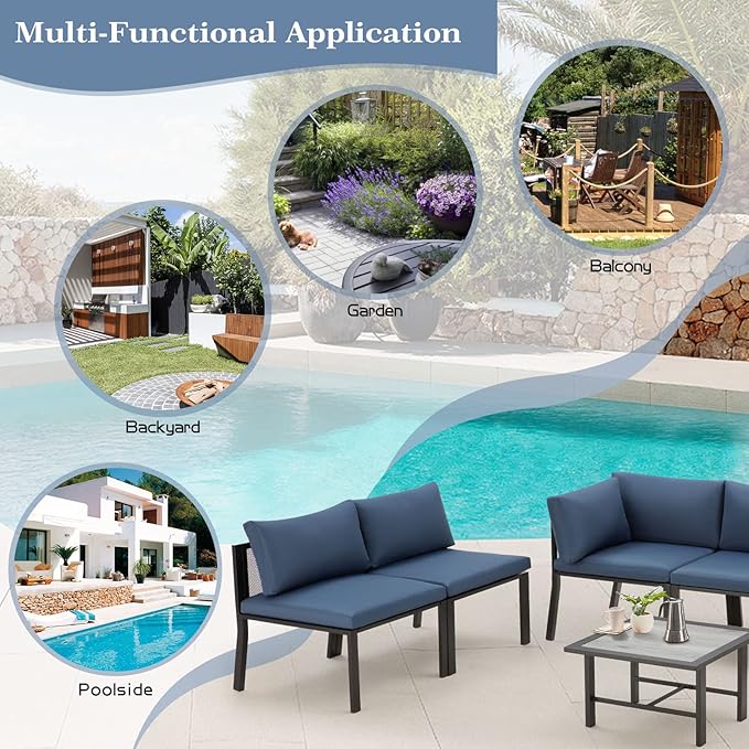 AECOJOY 7 Pieces Patio Furniture Set, Metal Mesh Fabric Outdoor Conversation Sets with Cushions and Wooden Table, Metal Outdoor Sectional Furniture for Backyard, Balcony, Lawn, Garden (Blue)