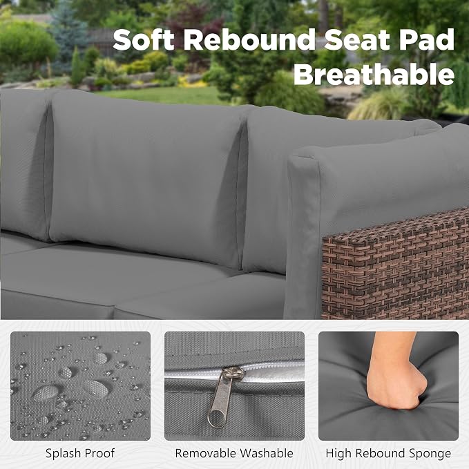LHBcraft 7 Pieces Outdoor Wicker Rattan Patio Furniture, Wicker Rattan Outdoor Sectional Sofa Set with Coffee Table & Grey Cushions for Garden