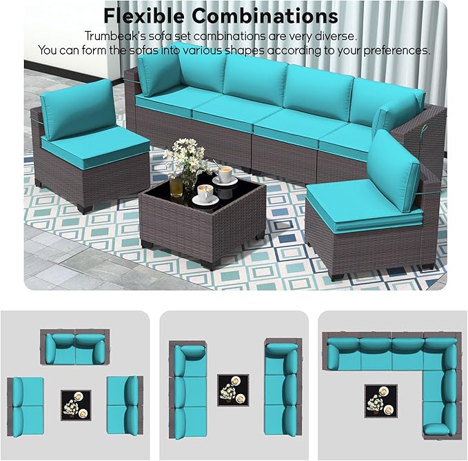 Patio Furniture Set 7 Pieces Outdoor Sectional Sofa Set,All Weather Wicker Patio Sofa PE Rattan Patio Conversation Set w/Cushions and Glass Coffee Table,Blue