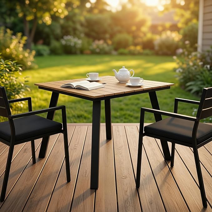 35" Square Patio Dining Table, with Umbrella Hole, Heavy Duty Iron Frame and WPC Top, All-Weather Outdoor Patio Table for Backyard, Garden and Outdoor Dining