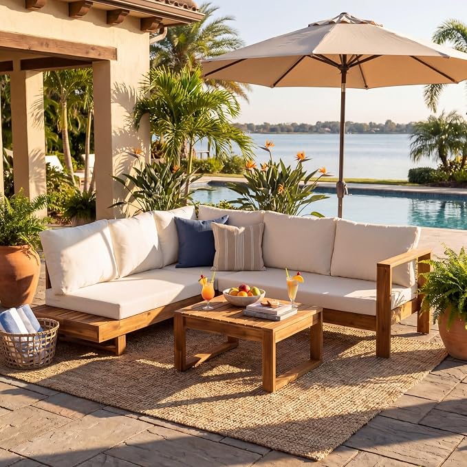 4-Piece Patio Furniture Set, Outdoor Conversation Set with Acacia Wood, Thick Washable Cushions, All-Weather Patio Seating for Backyard, Garden and Poolside(B-Beige)