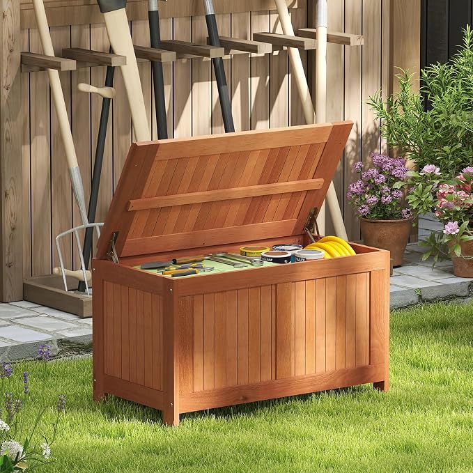 HAPPYGRILL Outdoor Wood Deck Box with Flip Top, Patio Storage Bench for Garden, Poolside, Backyard, 52 Gallon
