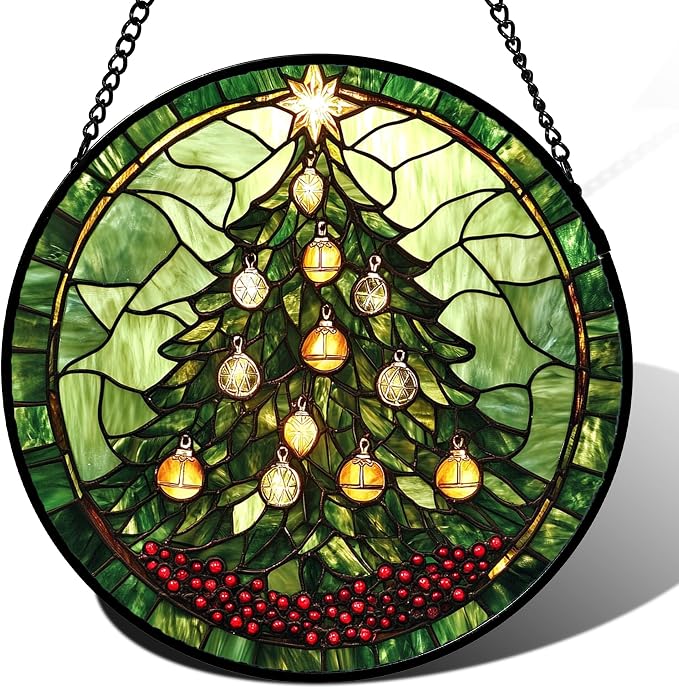 DASTOLL Stained Glass Window Hanging - Green Christmas Tree Golden Bells Suncatcher for Doors Home Christmas Decoration Sun Catcher Thanksgiving New Year Birthday Gift for Women Men Mom Nana 6.3 in