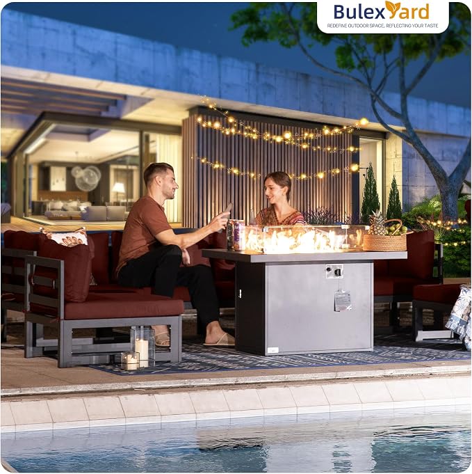 BULEXYARD 8 Person Modern Aluminum Outdoor Patio Furniture Set with Chaise & Firepit Table, 29 inch Wide Deep Seat, All Weather Modular Sectional Couch, Oversized Conversation Set for Garden Deck, Red