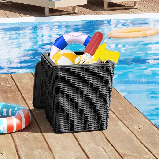 MEDIMALL Resin Wicker Patio Side Table with Lid, 11.5-Gallon Outdoor Deck Box with Concealed Storage Space, Small Square Coffee Table End Table for Porch, Garden, Poolside, Brown/Black (black)