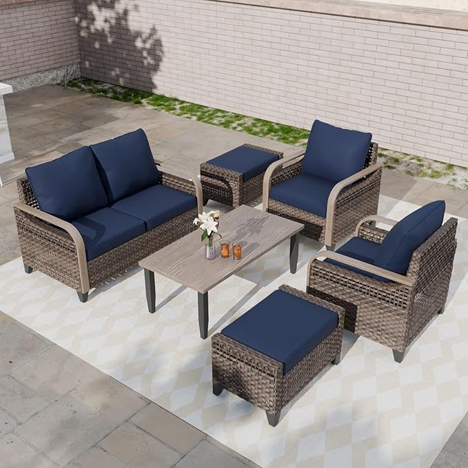 COOS BAY Modern Wicker Outdoor Furniture Set, 6 Piece Patio Conversation Set with 2 Patio Chairs, a 3 Seat Couch, 2 Ottomans and Coffee Table, 6 Piece, Brown/Blue