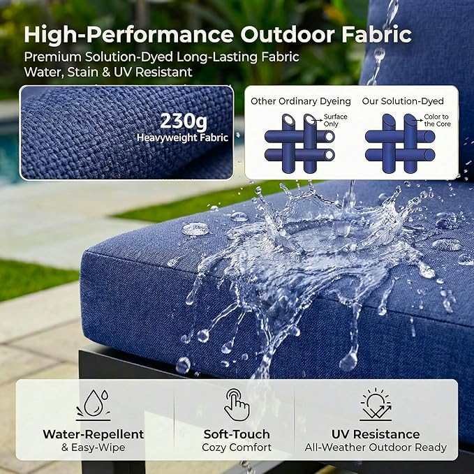 NICESOUL 15 Pcs Large Modern Aluminum Patio Furniture Set with Fire Pit Table Propane/Gas, L Shaped Sectional Sofa with Side Table, 500 lbs Heavy Duty Comfy Outdoor Couch for Backyard Lawn, Navy Blue