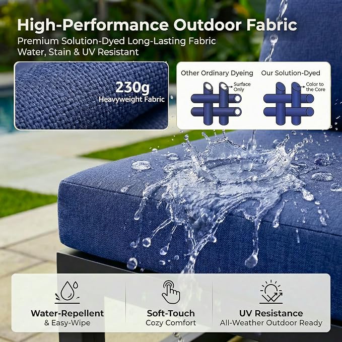 RADIATA 9 Piece Large Modern Aluminum Patio Furniture Set, Fade Resistant Modular Outdoor Conversation Set with Lounge & Fire Pit Table, 500 lbs Durable Modular Sectional Sofa for Garden, Navy Blue