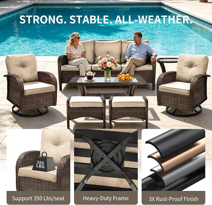 All Weather Patio Furniture Set, High Back Swivel Rocker Glider Chairs，Ottomans & Glass Tables, Outdoor Conversation Set for Deck Porch Yard Poolside (Brown, 5PCS-Swivle Chairs&Ottomans&Table)