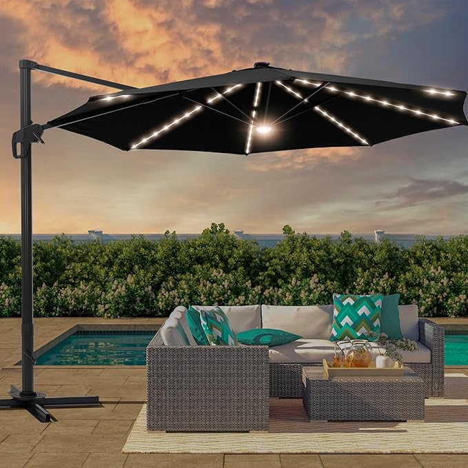 FLAME&SHADE 11 ft Cantilever Offset Patio Umbrella, Large Heavy Duty Outdoor Patio Umbrella Aluminum 360° Rotation Round Outdoor Umbrella for Deck,Pool,Backyard