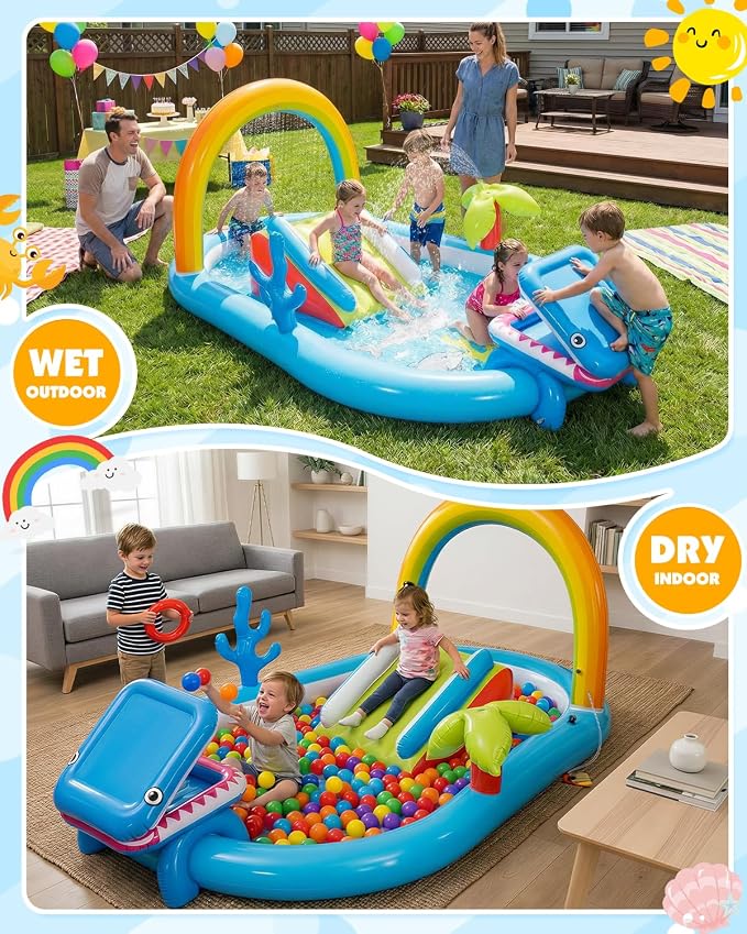 Whubefy Inflatable Kids Play Center Outdoor/Indoor 98 × 64 × 39 in Kid Pool Slide, with Water Sprayer, Waterfall, and Ocean Ball, Multicolor (with Blower)