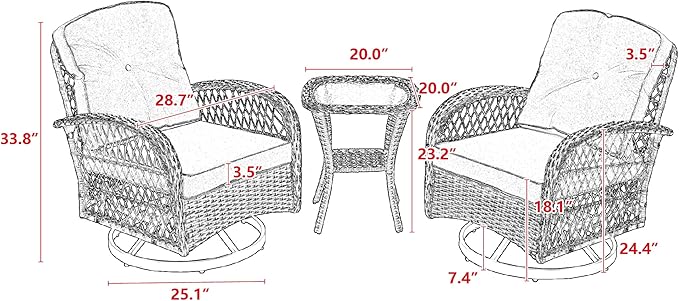 3 Pieces Outdoor Swivel Rocker Patio Chairs, 360 Degree Rocking Patio Conversation Set with Thickened Cushions and Glass Coffee Table for Backyard, Grey