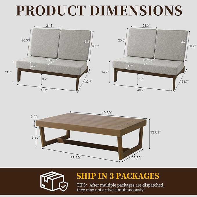UIXE All Weather Wood Patio Furniture Sets, 3 Pieces Patio Loveseat Sofa Outdoor Sectional Futniture Backyard Conversation Set with Solid Wooden Coffee Table - Light Camel