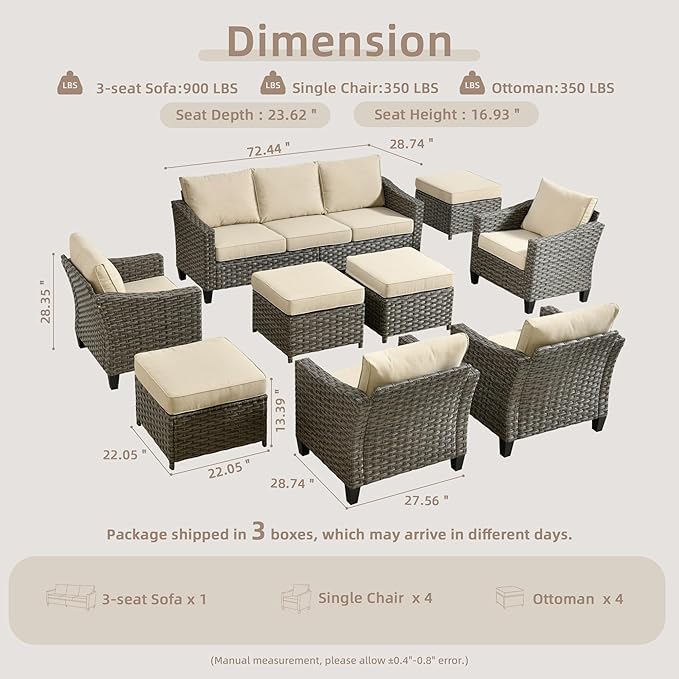Patio Furniture Set, 7 Pieces Outdoor Wicker Rattan Sofa Couch with 4 Chairs, Ottomans and Comfy Cushions, All Weather High Back Conversation Set Garden Backyard, Brown Rattan Beige Cushions
