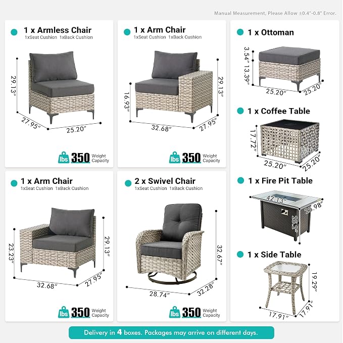 9 Pcs Patio Outdoor Furniture Set - All Weather Wicker Outdoor Sectional Sofa Couch with Swivel Fire Pit Table and Rocking Chairs e,Patio Rattan Conversation Set for Garden Deck Yard,Black